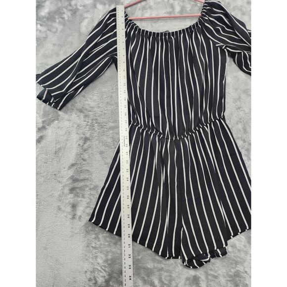 Ambiance Romper Womens L Black White Striped Off Shoulder 3/4 Sleeve Stretch - Picture 8 of 9